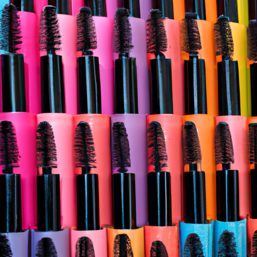 A close-up of variously colored mascara tubes arranged in an aesthetically pleasing pattern.