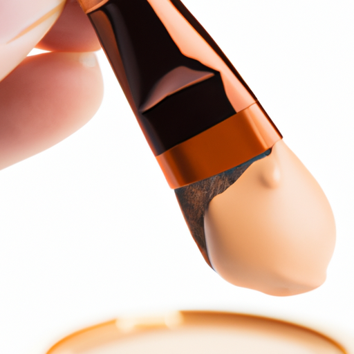 A close-up of a makeup brush applying a beige-toned concealer on a white background.