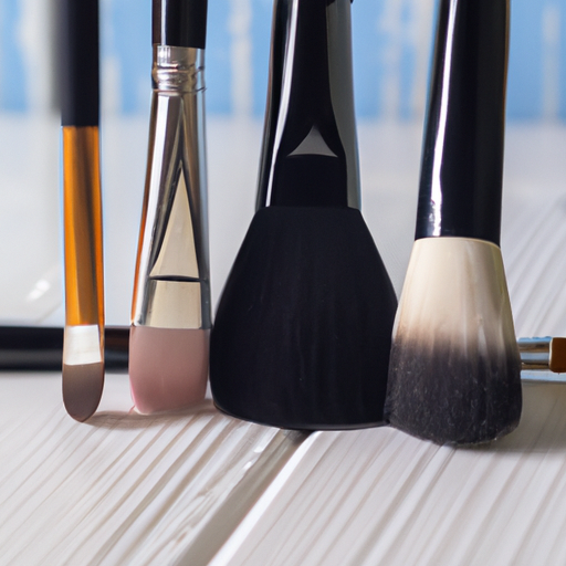 Suggested Prompt: A close-up of a variety of makeup brushes on a light-colored background.