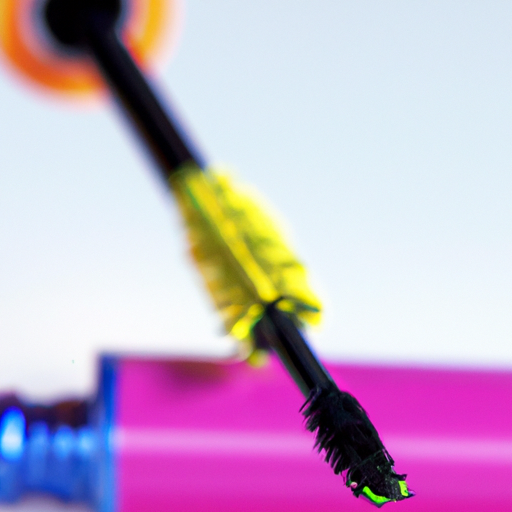 A close-up of a colorful mascara tube with a brush tip pointing down.
