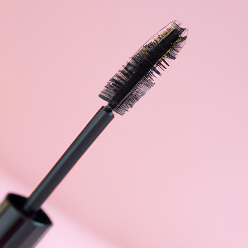 A close up of a mascara wand against a soft pink background.