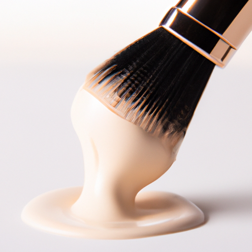 A makeup brush dabbing primer onto a smooth matte surface.